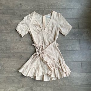 SAINTS + SECRETS Beige Linen Ruffle Mini Dress